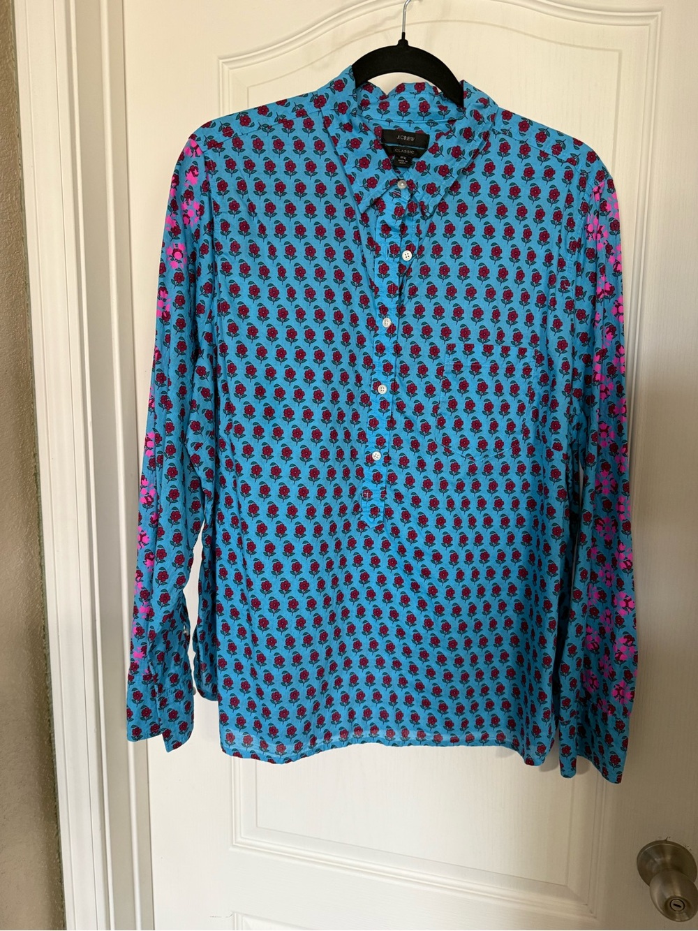 J. Crew summer blouse with fun hot pink sleeve detail on sleeves